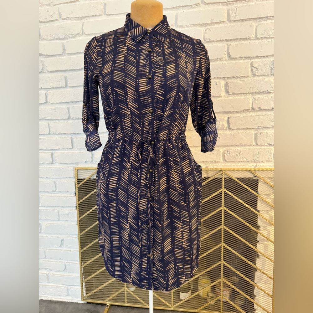 Navy Printed Button-Front Shirt Dress with Drawstring Waist